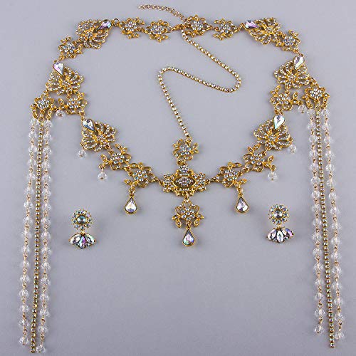 Bridal Headband and Earrings Crystal Jewelry Set Wedding Headpiece for Women Brides Tiara Rhinestone Hair Accessories - color: Gold