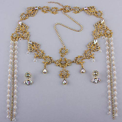 Bridal Headband and Earrings Crystal Jewelry Set Wedding Headpiece for Women Brides Tiara Rhinestone Hair Accessories - color: Gold