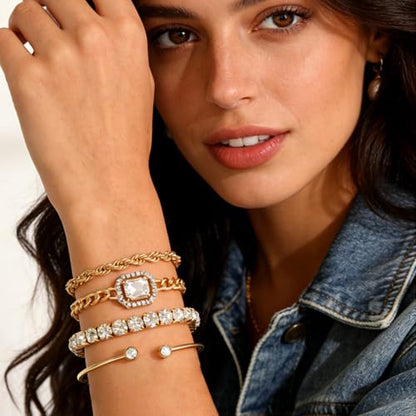 Alegend 14K Gold Plated Stackable Multilayer Bracelets + Titanium Steel(Not Rust, Resist Corruption, Easily Clean) 18K Gold Plated Single Bracelets - color: 14K Gold + 4PCS H