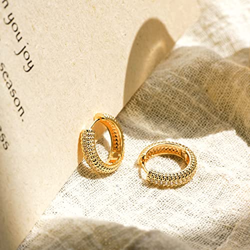Huggie Hoop Earrings 14K Gold Plated Cubic Zirconia Dainty Simple Cute Beads Elegant CZ Circle Small Hoop Earring for Women Minimalist Handmade Hypoallergenic Jewelry - color: CZ-Middle Row