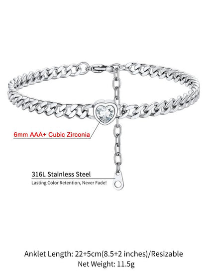 ChainsHouse Cuban Chain Anklets for Women with Heart Birthstone Jan - Dec | Stainless Steel Black Link Chain Ankle Bracelet with Birthstone, Beach Women Anklet 22cm-27cm Adjustable, with Gift Box - color: 04. Apr.-Clear Crystal-Steel