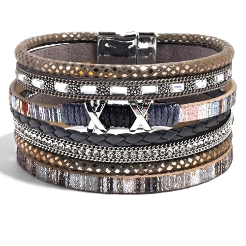 VIBILIA Boho Leather Wrap Bracelets for Women Multi-Layer Bracelets | With Strong Clasp Jewelry for Women - color: 02-XxMilletBead-Gray