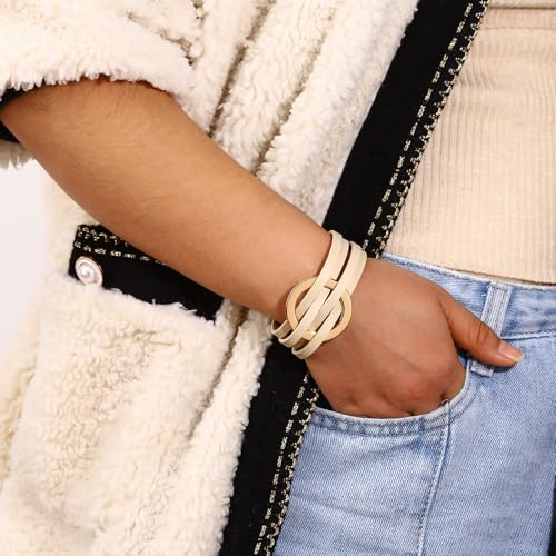 hotoo Circle Charm Bracelets for Women Handmade Leather Wrap Bracelets for Couples Friendship Bracelet Bohemian Cuff Bangle Boho Jewelry Gift - color: New Khaki