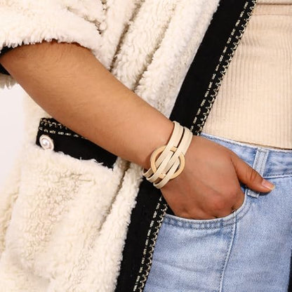 hotoo Circle Charm Bracelets for Women Handmade Leather Wrap Bracelets for Couples Friendship Bracelet Bohemian Cuff Bangle Boho Jewelry Gift - color: New Khaki