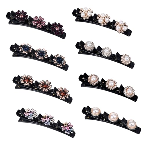 8 Pcs Braided Hair Clips for Women, Sparkling Crystal Stone Pearl Barrette | Rhinestone Decorative Barrette Clips with 3 Small Flower Hair Accessories for Women, Girls Styling Sectioning - color: WHITE, PINK AND BROWN