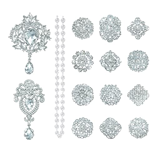 Yhsheen Rhinestone Brooches Crystal Brooch Pins, Pearl Crystal Wedding Bouquet kit Set (Silver-14pcs)… - color: Silver-14pcs