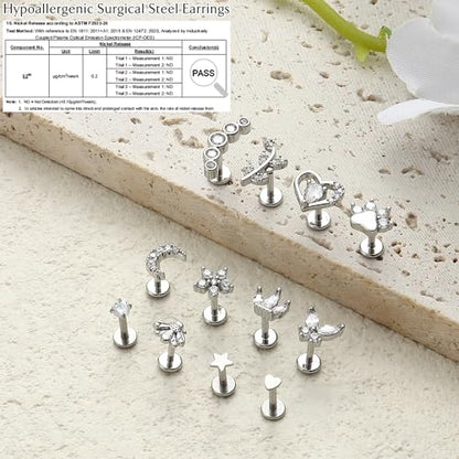 YADOCA 16G 18G Helix Flat Back Tragus Piercing Jewelry Earrings for Women | Hypoallergenic Surgical Steel Cartilage Earrings Daith Conch Medusa Nose Piercing Jewelry Gold Stud Earrings Set 6 7 8 10 MM - color: Silver, size: 16G(1.2MM)-6MM-Classic