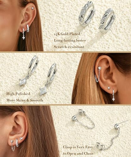 3 Pairs Dangle Hoop Chain Earrings Stacks for Women Trendy Huggie Earring | Non-Tarnish 5A CZ Stones Hoops Earrings Set for Multiple Piercing - style: Silver Plated-Square Dangle