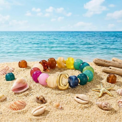 Bubble Initial Chunky Beaded Bracelet for Women Colorful Resin Bead Trendy Statement Big Stretch Bracelets Summer Beach Boho Charm Jewelry Cute Gifts for Women - color: Initial C