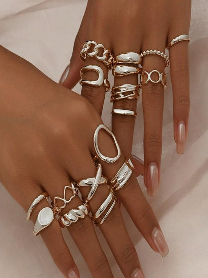 16 Pcs Silver Tone Irregular Geometric & Hollow Heart Ring Set, Minimalist Stackable Fashion Jewelry (Silver)