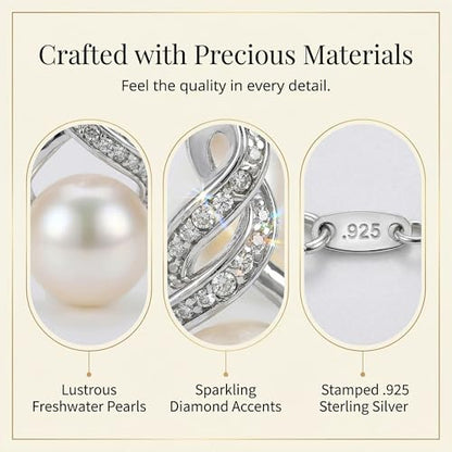 Real Diamond Sterling Silver Pearl Necklace and Earring Set | Hypoallergenic Real Cultured Freshwater Pearl Jewelry Set with 18 Inch Silver Chain | Diamond Bridal Bridesmaid Set for Women with Gift Box by MAX + STONE