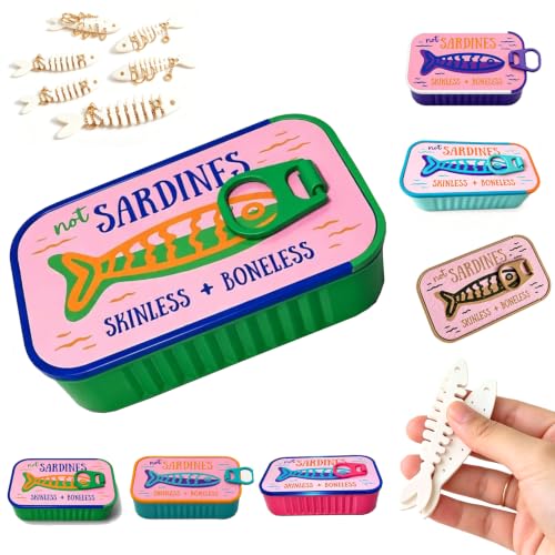 Sardines Travel Jewelry Box, Sardine Tin Jewelry Box, 3d Printed Sardine Tin Like Jewelry Case, with Fish-Shaped Holders for Earrings and Charms, Portable Earring Organizer (Plus size-B-6 Fishbones) - color: Plus size-B-6 Fishbones