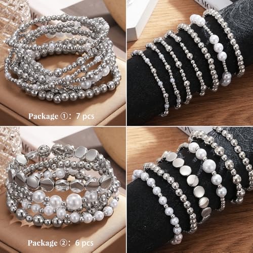 KISS WIFE Gold Beaded Bracelets for Women, Stackable Stretch Bracelet Set | 13 stretch bracelets combine polished gold-tone beads and faux pearls for stacked or individual everyday styling. - color: Silver