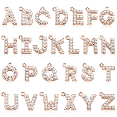 26PCS Pearl Letter Charms A-Z Alphabet Pendants for Making Jewelry 18K Gold Initial Charm Trendy Slider Pearls Capital Beads for Bracelet Necklace Choker Earrings DIY Crafts Anniversary Birthday Gifts - color: Gold