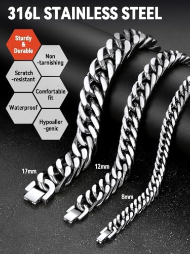 FaithHeart Mens Stainless Steel Cuban Link Bracelet, Tarnish Resistant | 6/8/12/17mm Silver/Black/Gold Sturdy Hip Hop Wrist Chain Bracelets Daily Wear with Gift Box, 7.5"/8.3"/9.1" Length - color: A. Silver-12mm Width, size: Length 7.5 Inches