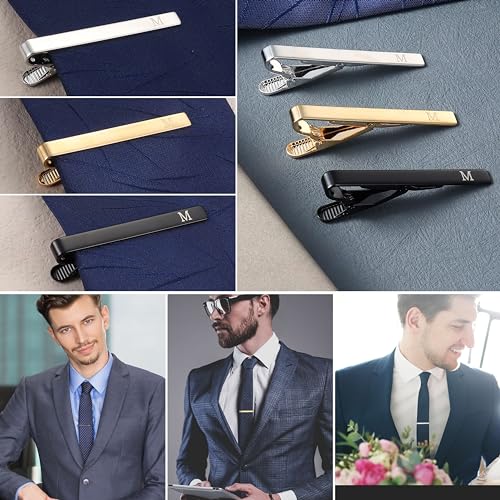 UBGICIG 3 Pcs Stainless Steel Tie Clips for Men Elegant Personalized Letter Tie Clip Set for Men Classic Gold Plated Silver Black Tone Tie Bar - style: M-Style 2