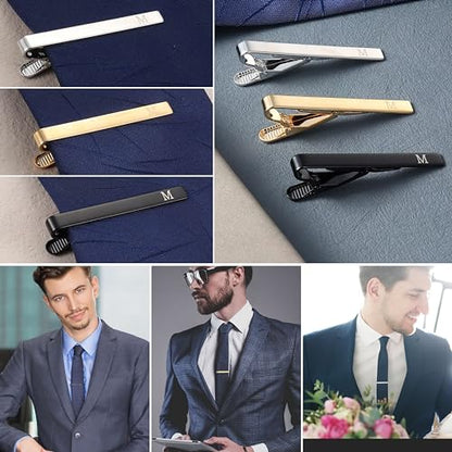 UBGICIG 3 Pcs Stainless Steel Tie Clips for Men Elegant Personalized Letter Tie Clip Set for Men Classic Gold Plated Silver Black Tone Tie Bar - style: M-Style 2