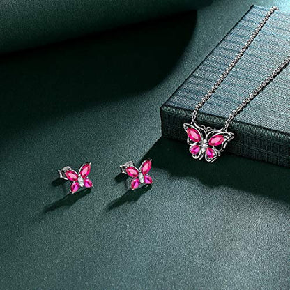 925 Sterling Silver Birthstone Butterfly Jewelry Women Crystal Animal Cute Butterflies Birthday Necklace/Earring/Ring/Bracelet Sets Birth Stone Statement Anniversary Jewellery - color: 1-G.July-Ruby