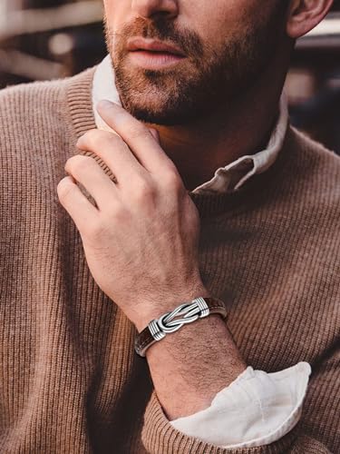 Mens Black Braided Leather Bracelet, Green/Red/Brown/Black Braided Leather Infinity Knot Bracelets for Men with Stainless Steel Clasp, 7.5/8.5/9in Length - color: 03-Brown