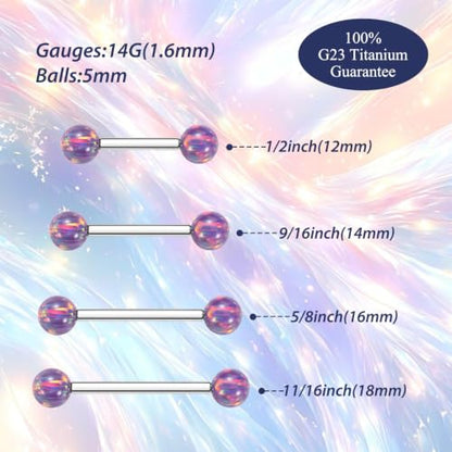 FUNLMO 1 Pair Nipple Piercing Jewelry Titanium Nipple Rings Internally Threaded Tongue Rings Bridge Piercing Jewelry Opal Nipple Barbells - color: Silver, Purple Opal Ball