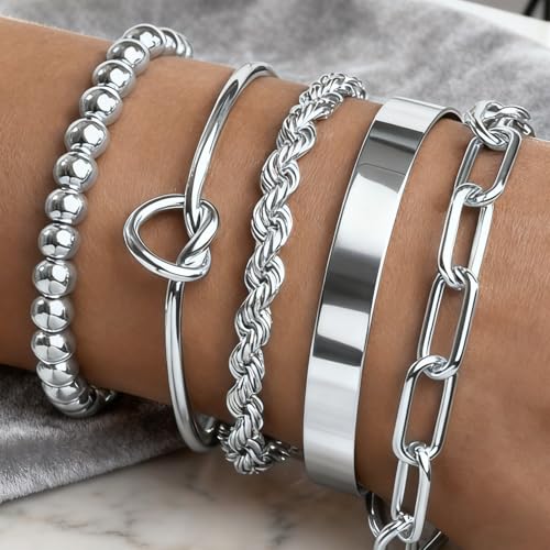 Gold Bracelets for Women, 5 Pcs Non-Tarnish Gold Plated Stackable Bangles with Beaded, Knot, Twisted, Cuff & Chain Designs, Everyday Jewelry Gifts - color: Silver-5pcs