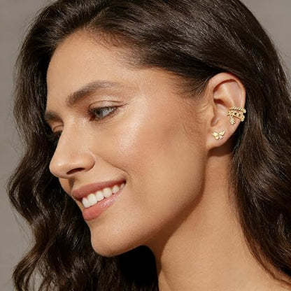Bemoly Ear Cuff Earrings for Women 14K Gold Plated Cubic Zirconia Dangle Huggie Ear Cuffs Non Piercing | Clip On Cartilage - style: K-Star-Pair
