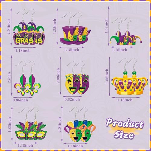 8 Pairs Mardi Gras Acrylic Earrings for Women | Mask Crown Fleur De Lis Earrings, Carnival Fat Tuesday Gifts Parade Party Accessory, Lightweight Acrylic, Double Sided - style: Mardi Gras Style A