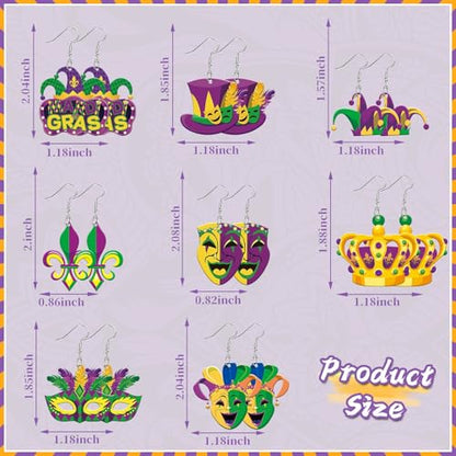 8 Pairs Mardi Gras Acrylic Earrings for Women | Mask Crown Fleur De Lis Earrings, Carnival Fat Tuesday Gifts Parade Party Accessory, Lightweight Acrylic, Double Sided - style: Mardi Gras Style A