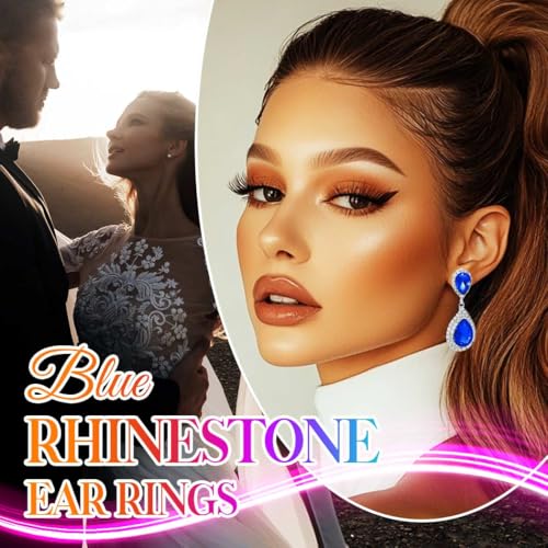 Catery Crystal Wedding Earrings Silver Rhinestone Ear Rings Teardrop Bridal Ear Jewelry for Brides and Women - color: Blue