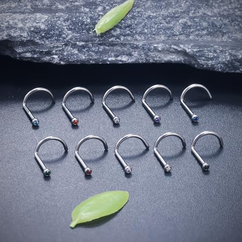 Ruifan ASTM F136 Titanium Nose Rings 18G 20G 22G Jeweled Mix Color Cubic Zirconia Nose Studs Ring Screw L-Shaped Bone Hypoallergenic Body Piercing Jewelry for Women 1.5mm 2mm 2.5mm 3mm 10PCS - style: Screw:20G(0.8mm)-1.5mm CZ