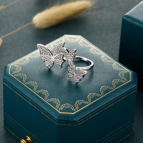 Butterfly Rings for Women Dainty Cubic Zirconia Open Butterfly Finger Ring Adjustable Rhinestone Double Butterfly CZ Crystal Adjustable Cuff Animal Statement Rings Delicate Jewelry for Party