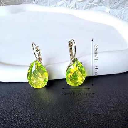 14K Gold Teardrop Crystal Leverback Earrings Sparkly Rhinestone Water Droplet Dangle Drop Earrings For Women - color: Neon Yellow