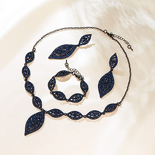 Flyonce Wedding Jewelry Set Rhinestone Crystal Bridal Leaf Necklace Drop Dangle Chandelier Earrings Sets for Women - color: Navy Blue