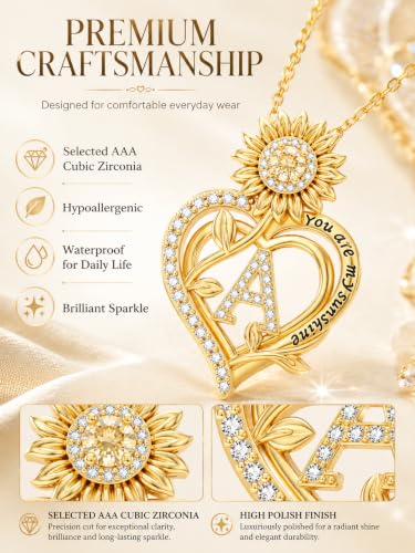 14K Gold Sunflower Initial Necklaces for Women | Heart Letter Pendant You Are My Sunshine Jewelry Gifts - style: A Initial