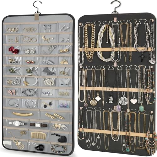 Hanging Jewelry Organizer Storage with Hanger Metal Hooks Double-Sided Jewelry Holder- Wall Mount Holder for Earrings, Necklaces, Rings on Closet, Wall, Door, 1 piece, Large, Black - style: Modern