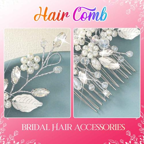 Catery Bridal Hair Comb Silver Prom Piece Wedding Accessories for Brides | Rhinestone Bride Hair Accessory Pieces Pearl Side Clip Leaf Decorative Hair Combs Headpiece Bridesmaid