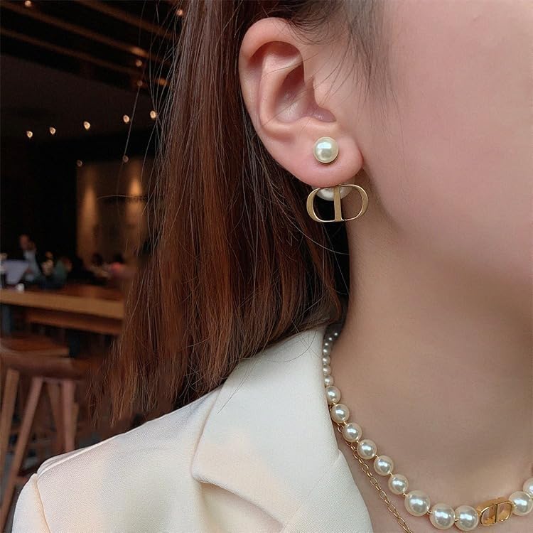 Pearl Stud Earrings, Gold Plated, Faux Pearl with Crystal Accents, Dangle Style, High Polish Finish, 2.5 Inch, 1 Pair