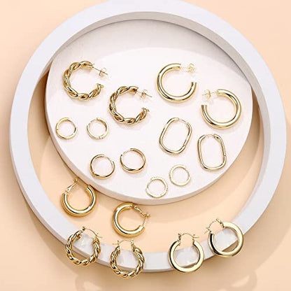 9 Pairs Gold Hoop Earrings for Women, 14K Real Gold Plated Chunky Hoop Earrings Set for Women Hypoallergenic Thick Lightweight Earring for Womens Jewelry Gifts - color: 14K-Gold-Plated