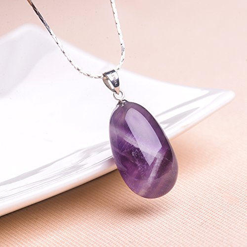 iSTONE 925 Sterling Silver Natural Crytral for Womens Pendant Necklace, Gemstone Birthstone with 17.8" Silver Chain Ladies - color: Amethyst Water Drop