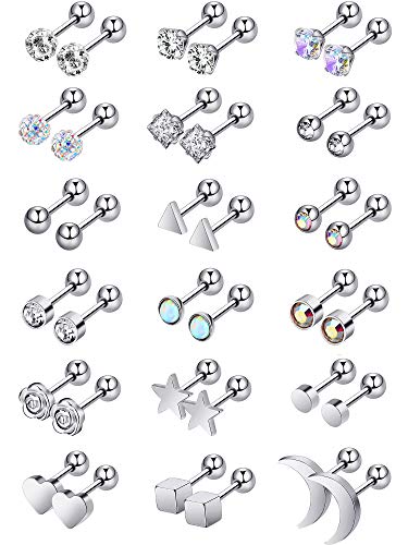 18 Pairs Stainless Steel Stud Earrings Solid Rhinestone Earring Cartilage Earrings Helix Ear Piercing Jewelry for Women Men (Steel Color, 18 G/ 1 mm with 4 mm Screw Ball)