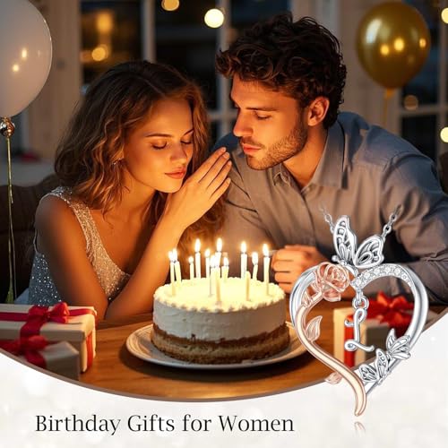 TOUPOP Gifts for Women Her 925 Sterling Silver Rose Heart Initial Necklace Butterfly Heart Jewelry Anniversary Birthday Gifts for Wife Girlfriend Mom - color: L Initial