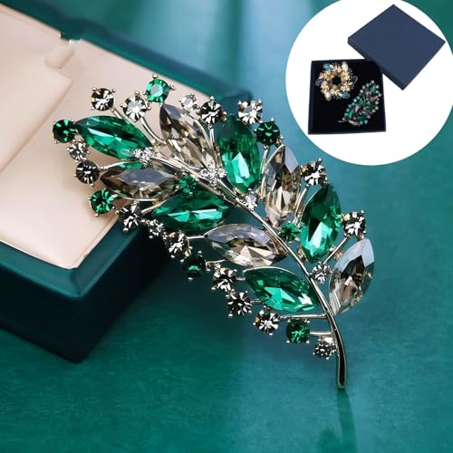 2pcs Rhinestone Brooch Pin for Women Dress Elegant Stylish Crystal Brooches Fashion Accessories Pins Lapel Boutonniere Ideas Wedding Christmas Birthday Jewelry Easter Gift - color: 20 Green Leaves/Colorfull