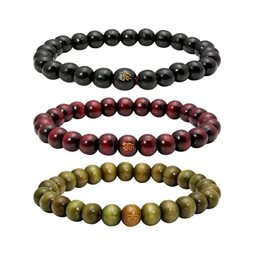 Eigso 6-8mm Wood Beads Bracelet Prayer Beads for Meditation Buddha Tibetan Bracelet for Men and Women - color: B:3 Pcs