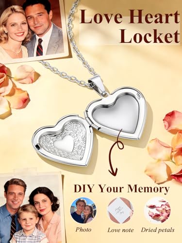 Custom4U Personalized Heart Locket Necklace with Pictures,Sunflower/Angel Wings/Heart Shaped Lockets Custom Photo,Gold/Rose Gold/White Lockets That Holds Picture,Customized Memorial Jewelry for Women - color: B-Heart-Steel(Locket Only)