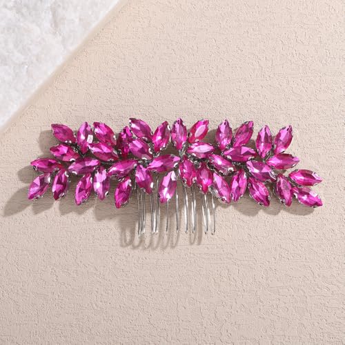 Teyglen Women's Dainty Rhinestone Hair Comb - Luxurious Shiny Bridal Side Comb for Brides and Girls (Rose Red) - color: Rose Red