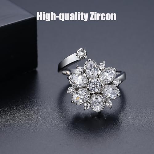 18K Gold Plated Rings for Women and Teen Girls Non Tarnish Cubic Zirconia Fidget Ring Butterfly/Snake/Mesh/Cross/Crown Knuckle Ring Open Adjustable Statement Stacking Chunky Rings - color: Silver Flower