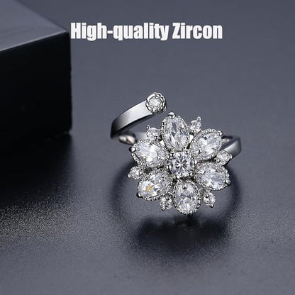 18K Gold Plated Rings for Women and Teen Girls Non Tarnish Cubic Zirconia Fidget Ring Butterfly/Snake/Mesh/Cross/Crown Knuckle Ring Open Adjustable Statement Stacking Chunky Rings - color: Silver Flower