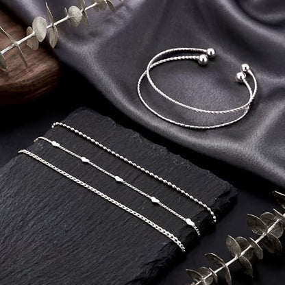 Dainty Gold Bracelet for Women Trendy Non Tarnish, Thin Bracelets Stackable Set with Bangle Cuff, Box, Herringbone, Paperclip, Figaro, Sparkling Link Chains Waterproof, Simple Jewelry Gifts for Women - color: Silver-cuban/cuff/heart/beaded/twisted/rope