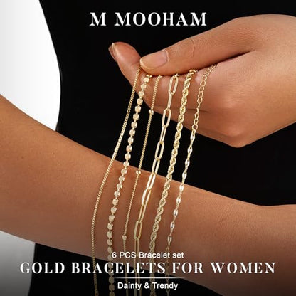 M MOOHAM Gold Bracelets Set for Women No Tarnish | 14K Gold Plated, Dainty Stackable Bracelets Stack for Women, Herringbone Paperclip Rope Cuban Chain Bracelet Set Stack - color: 7.Rope Paperclip Set