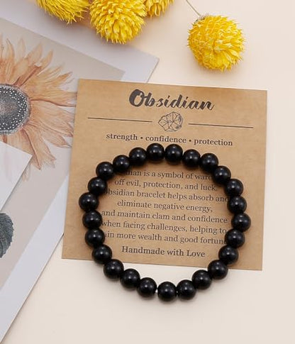 BOMAIL Natural Stone Beaded Bracelet for Women Men | 8mm Round Beads,Healing Crystal,Semi-Precious Gemstone,Yoga,Stretch,Bracelets Jewelry Gift - color: Obsidian
